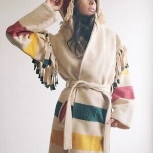 Vintage RARE Woolrich Hudson Bay Stripe Capote Fringe Blanket Coat w Pointy Hood